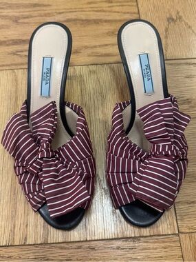 Burgundy and White Striped Fabric Prada Kitten Heels